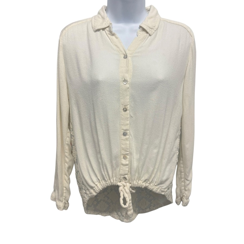 Chico's Cream Rayon Button Down Shirt‎ Tie Front Lace Back Top Size 0 Small
